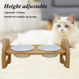 Ceramic Double Pet Bowl with Wooden Stand Adjustable Height for Dogs & Cats