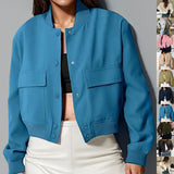 Women’s Casual Stand Collar Button Jacket with Large Pockets