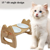 Ceramic Double Pet Bowl with Wooden Stand Adjustable Height for Dogs & Cats