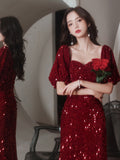 Women’s Red Fishtail Bridal Dress Elegant Toast Style