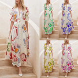 Women’s Summer V Neck Button Front Printed Short Sleeve Dress