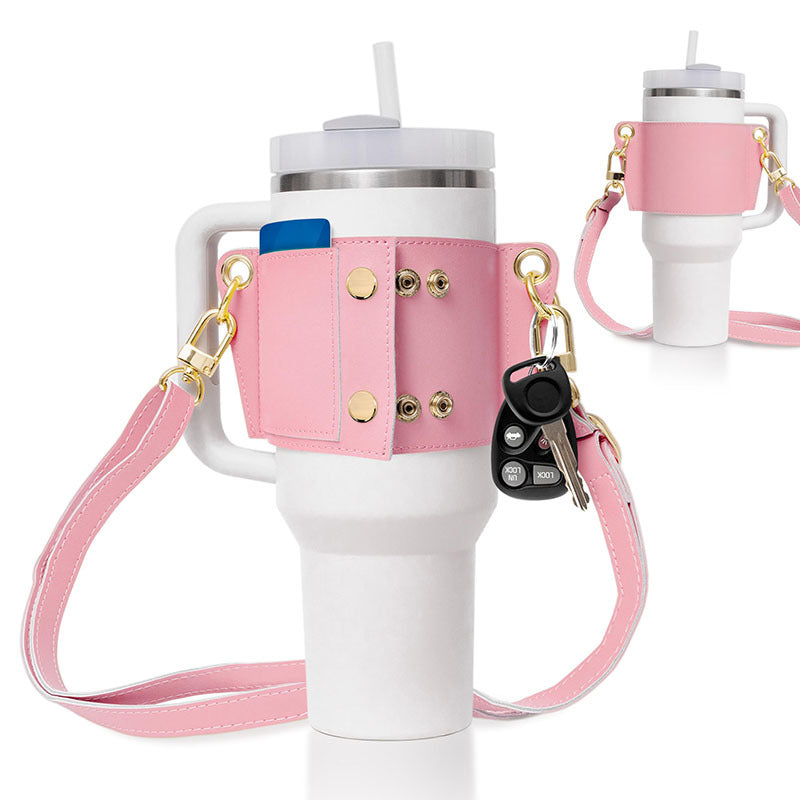 PU Leather Water Bottle Handle & Shoulder Strap – 30–40oz Tumbler Sling Accessory