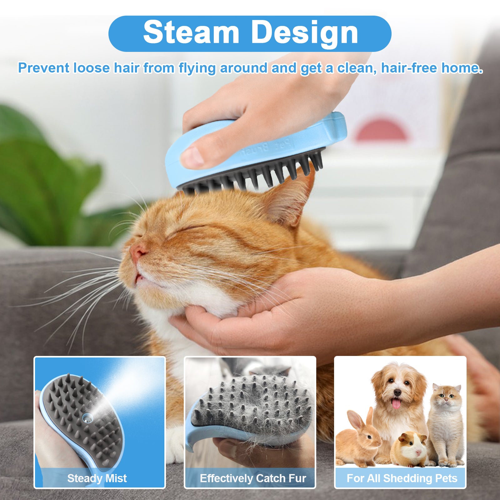 Steam Cat Grooming Brush for Shedding & Massage