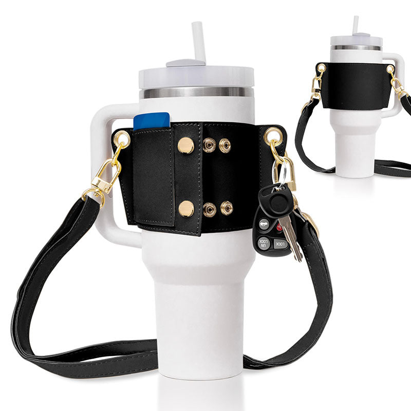 PU Leather Water Bottle Handle & Shoulder Strap – 30–40oz Tumbler Sling Accessory