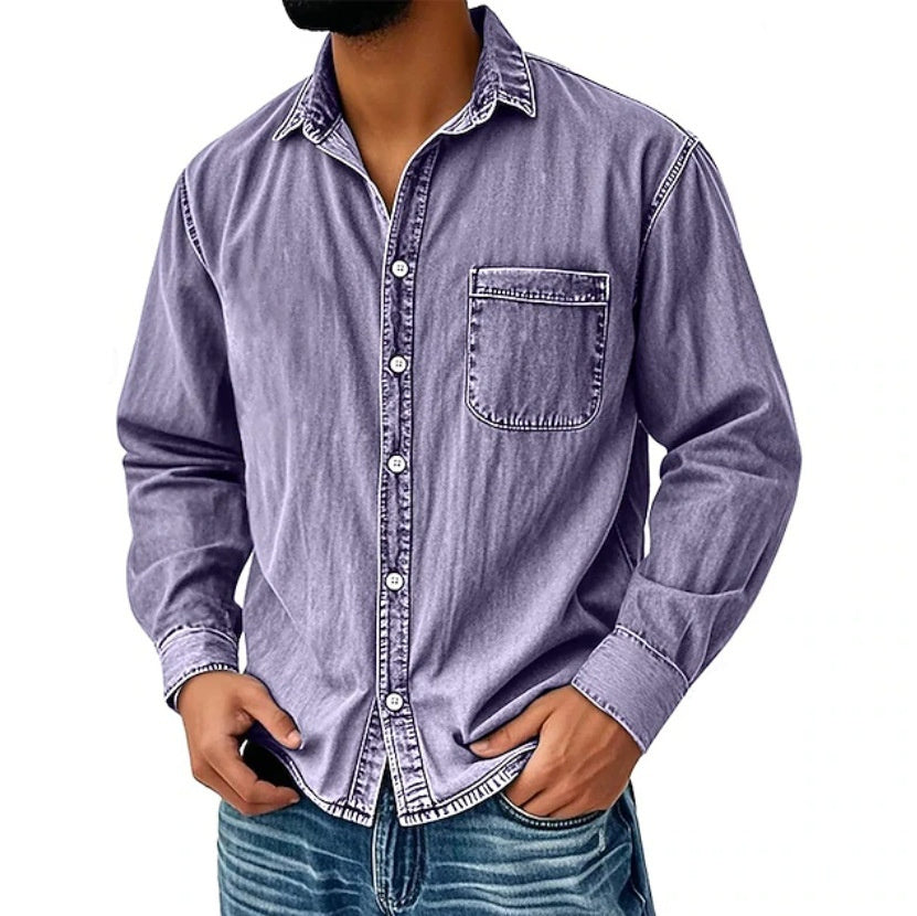 Men’s Washed Denim Long Sleeve Casual Shirt