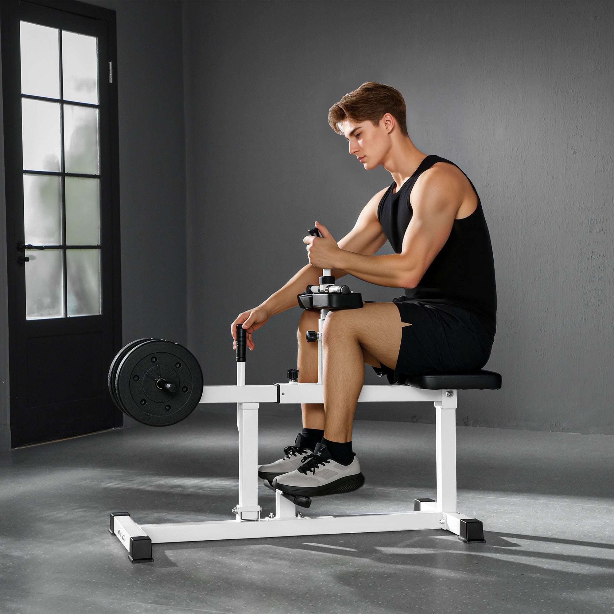 Adjustable Steel Seated Calf Raise Machine – Strength Training Gym Equipment, White