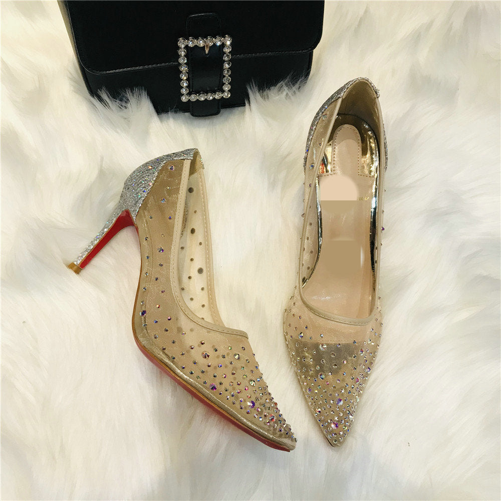 Women’s Mesh Rhinestone Pointed Toe High Heels
