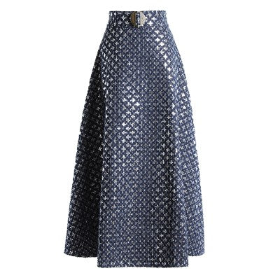 Women’s Mid-Length High Waist Embroidered Sequins Skirt