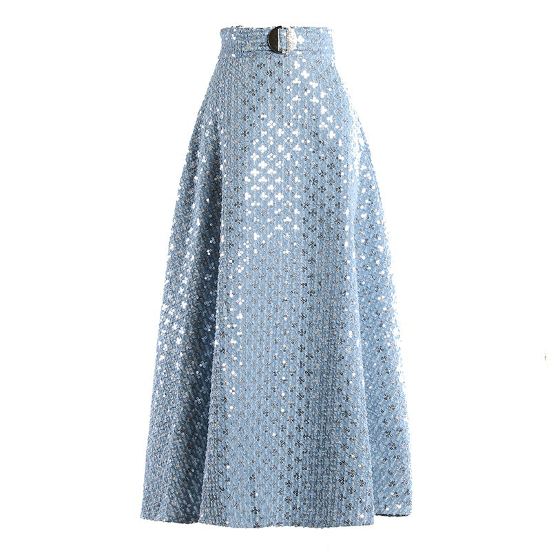 Women’s Mid-Length High Waist Embroidered Sequins Skirt