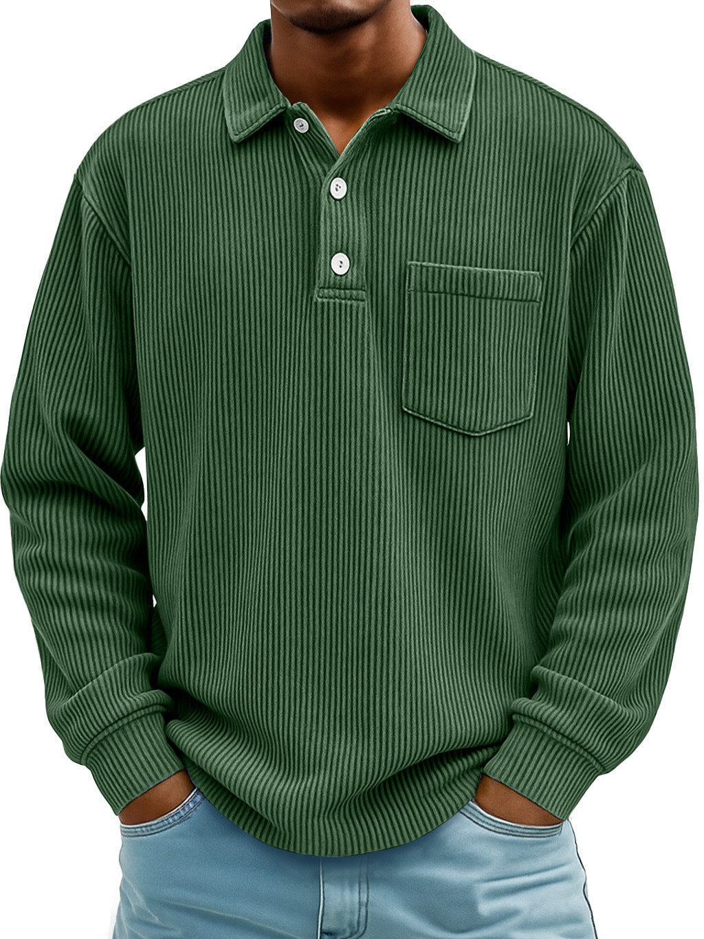 Men's Corduroy Striped Long Sleeve Polo Shirt