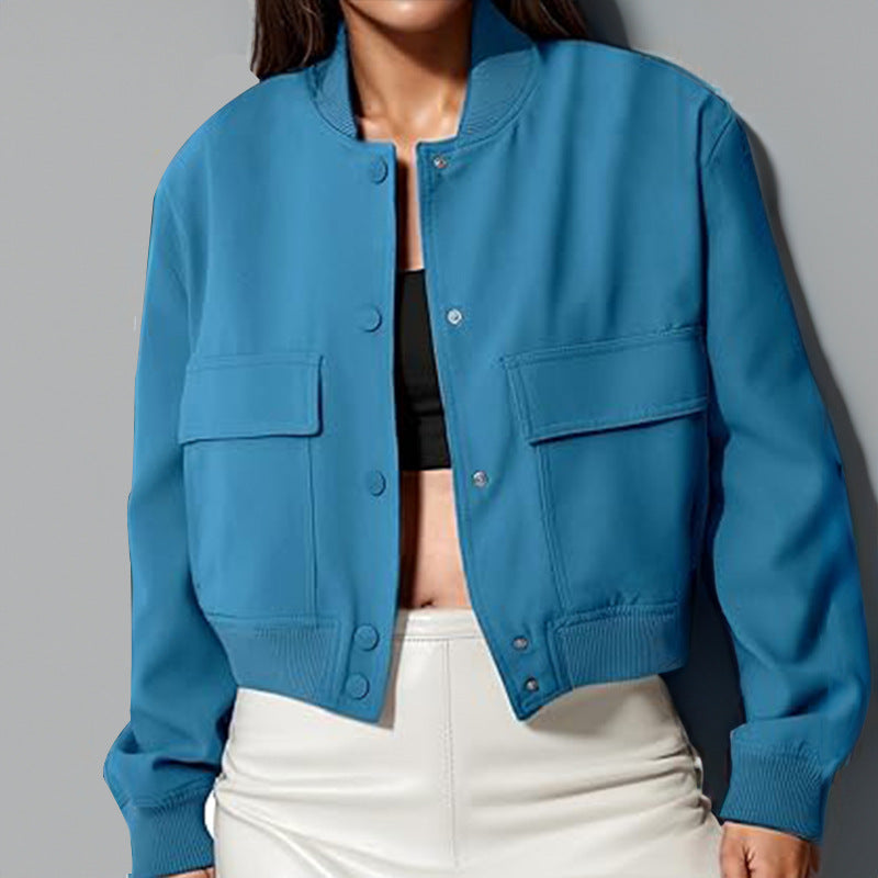 Women’s Casual Stand Collar Button Jacket with Large Pockets