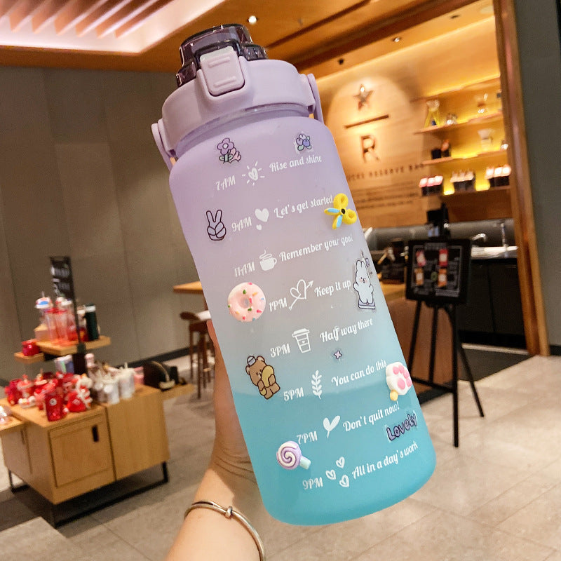 2000ml Cute Water Bottle with Straw & Stickers – Portable Scale Bottle