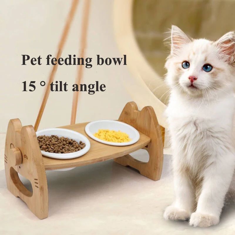 Ceramic Double Pet Bowl with Wooden Stand Adjustable Height for Dogs & Cats