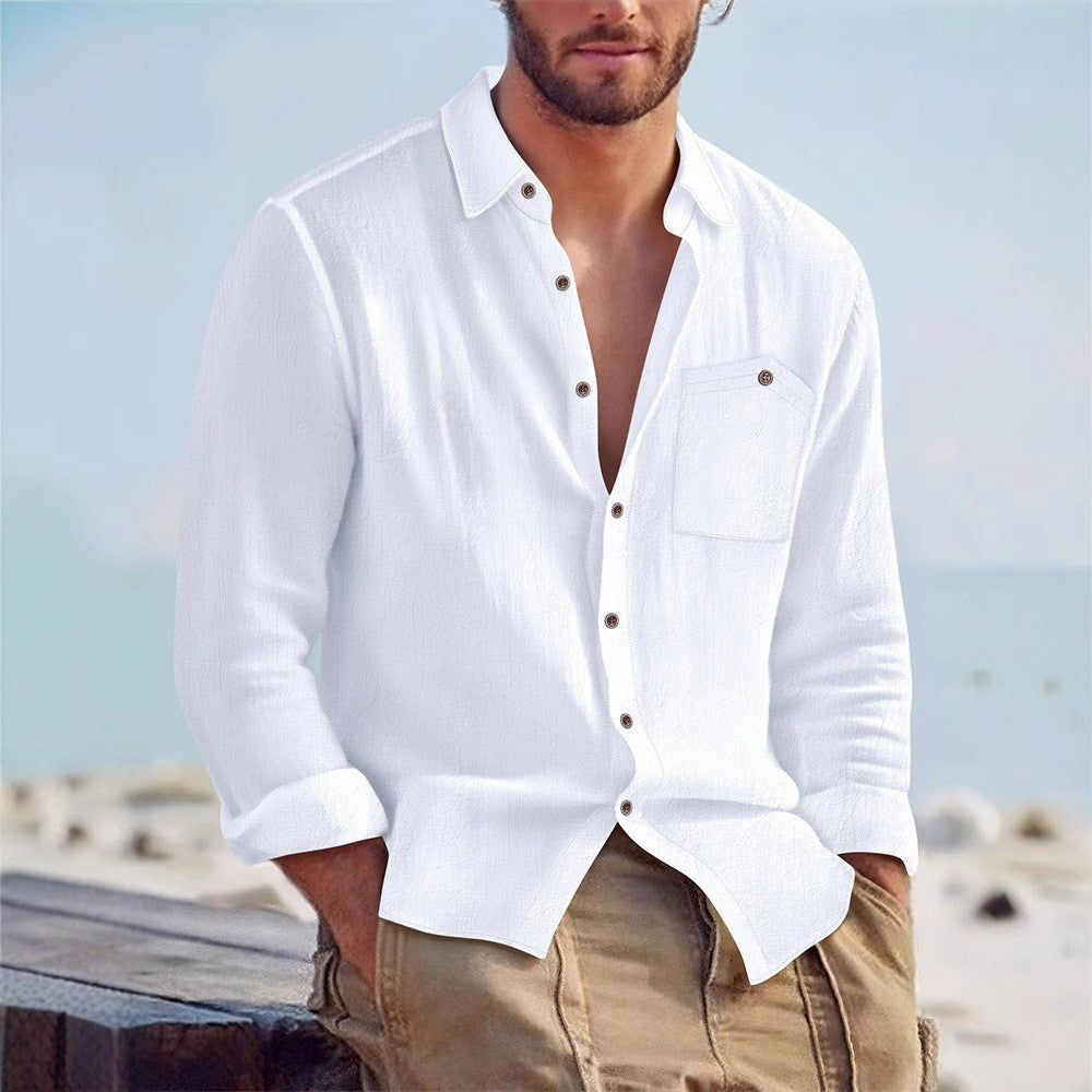 Men’s Linen Loose Fit Solid Color Lapel Shirt