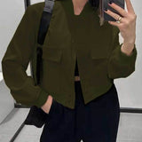Women’s Casual Stand Collar Button Jacket with Large Pockets
