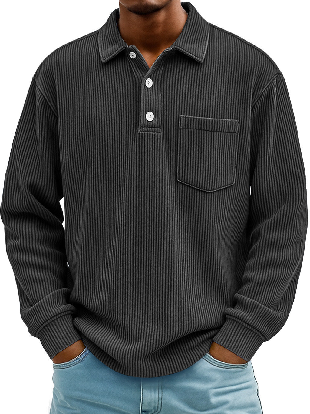 Men's Corduroy Striped Long Sleeve Polo Shirt