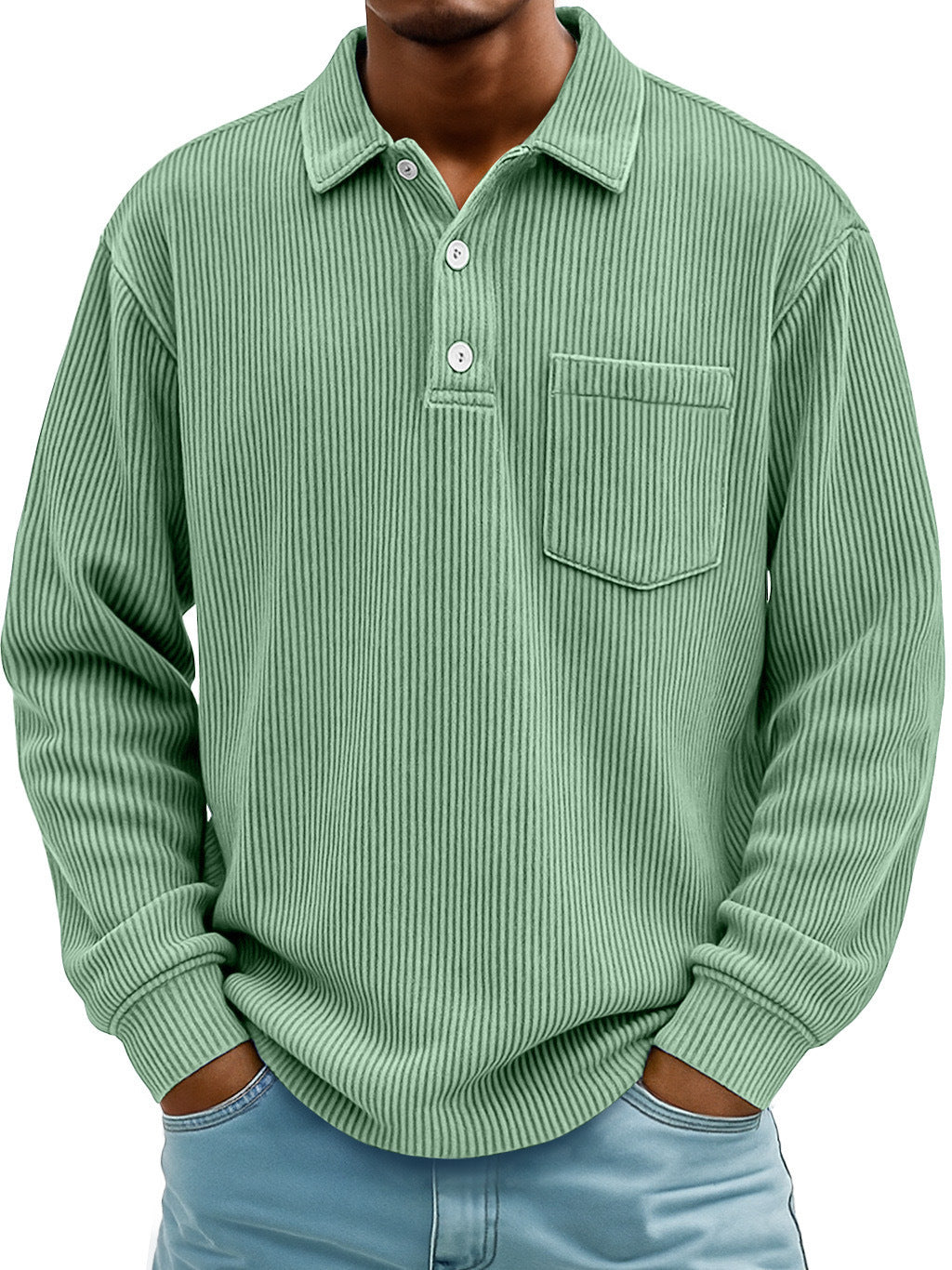 Men's Corduroy Striped Long Sleeve Polo Shirt