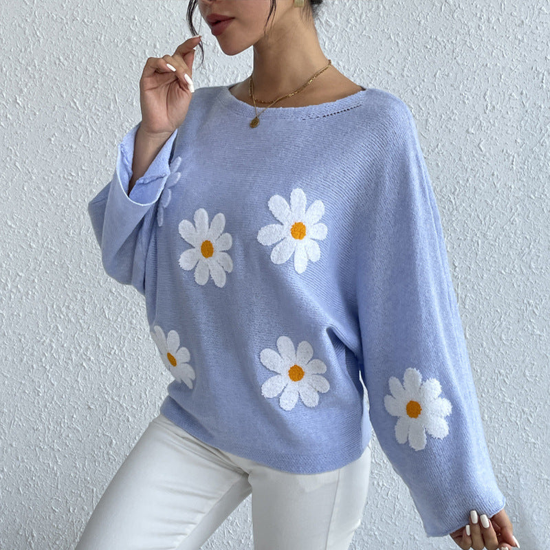 Women’s Loose Batwing Sleeve Embroidered One-Shoulder Sweater