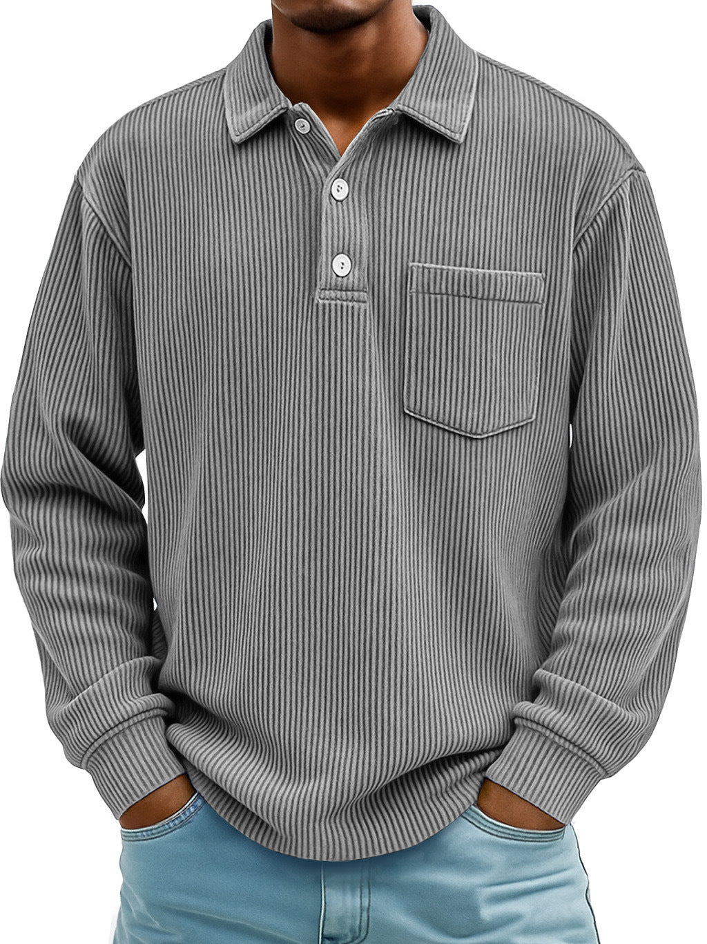 Men's Corduroy Striped Long Sleeve Polo Shirt