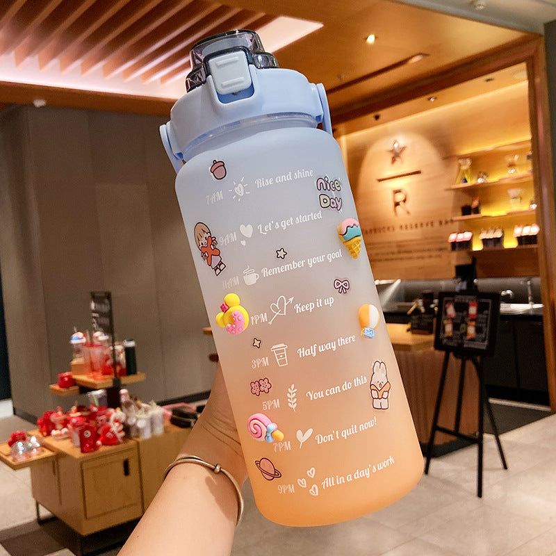 2000ml Cute Water Bottle with Straw & Stickers – Portable Scale Bottle