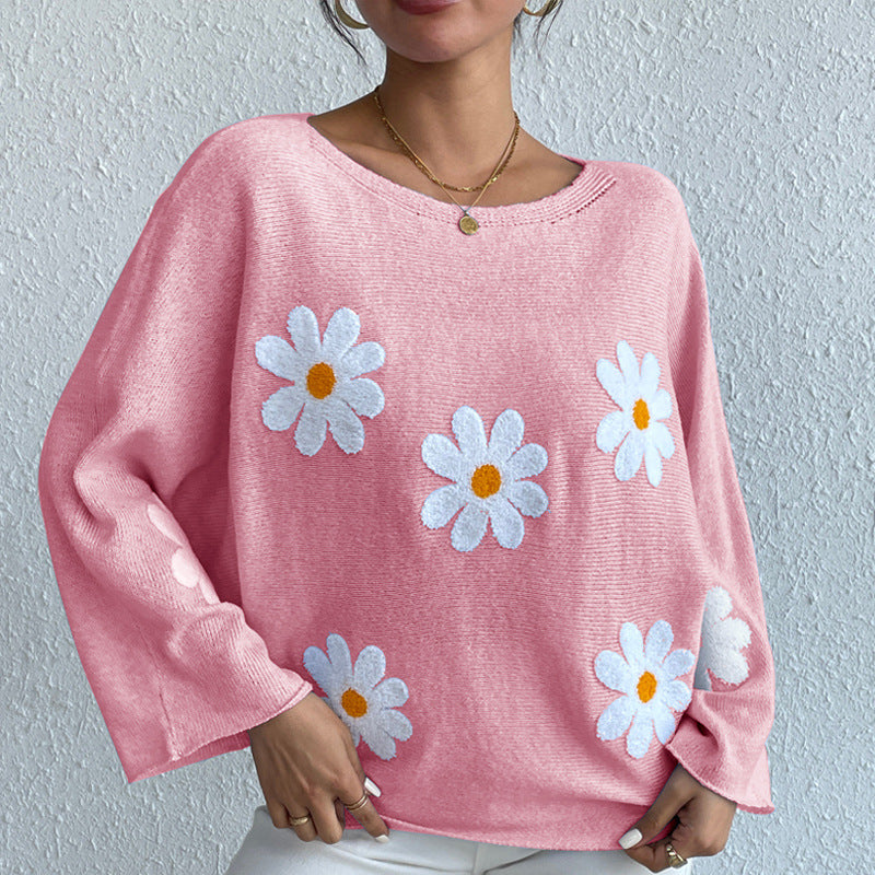 Women’s Loose Batwing Sleeve Embroidered One-Shoulder Sweater