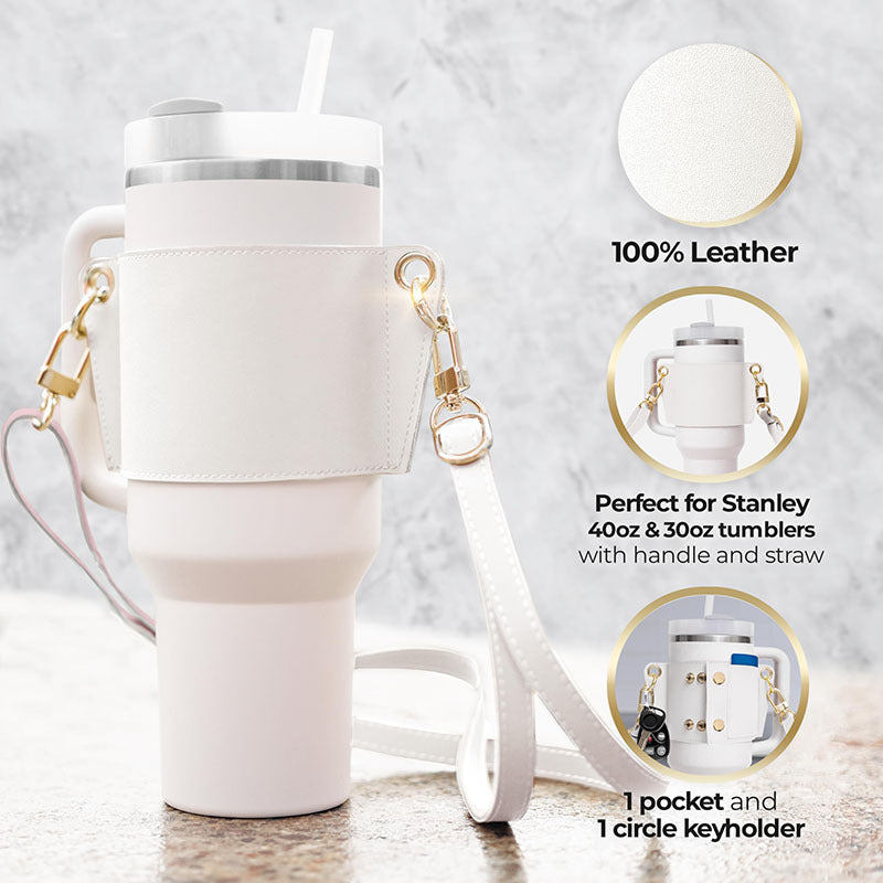 PU Leather Water Bottle Handle & Shoulder Strap – 30–40oz Tumbler Sling Accessory