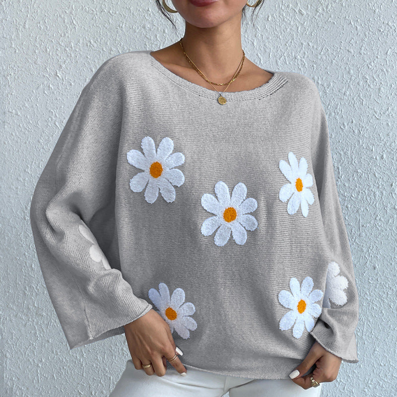 Women’s Loose Batwing Sleeve Embroidered One-Shoulder Sweater