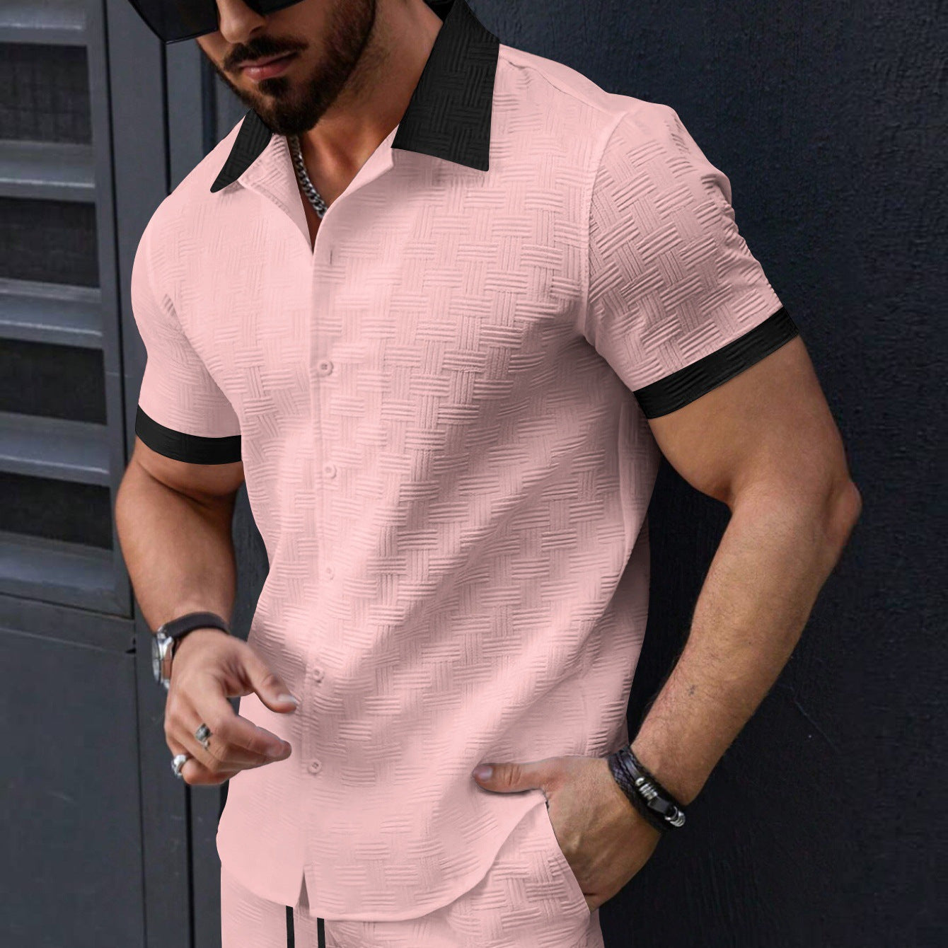 Men's Jacquard Color lock Short Sleeve Casual Shirt