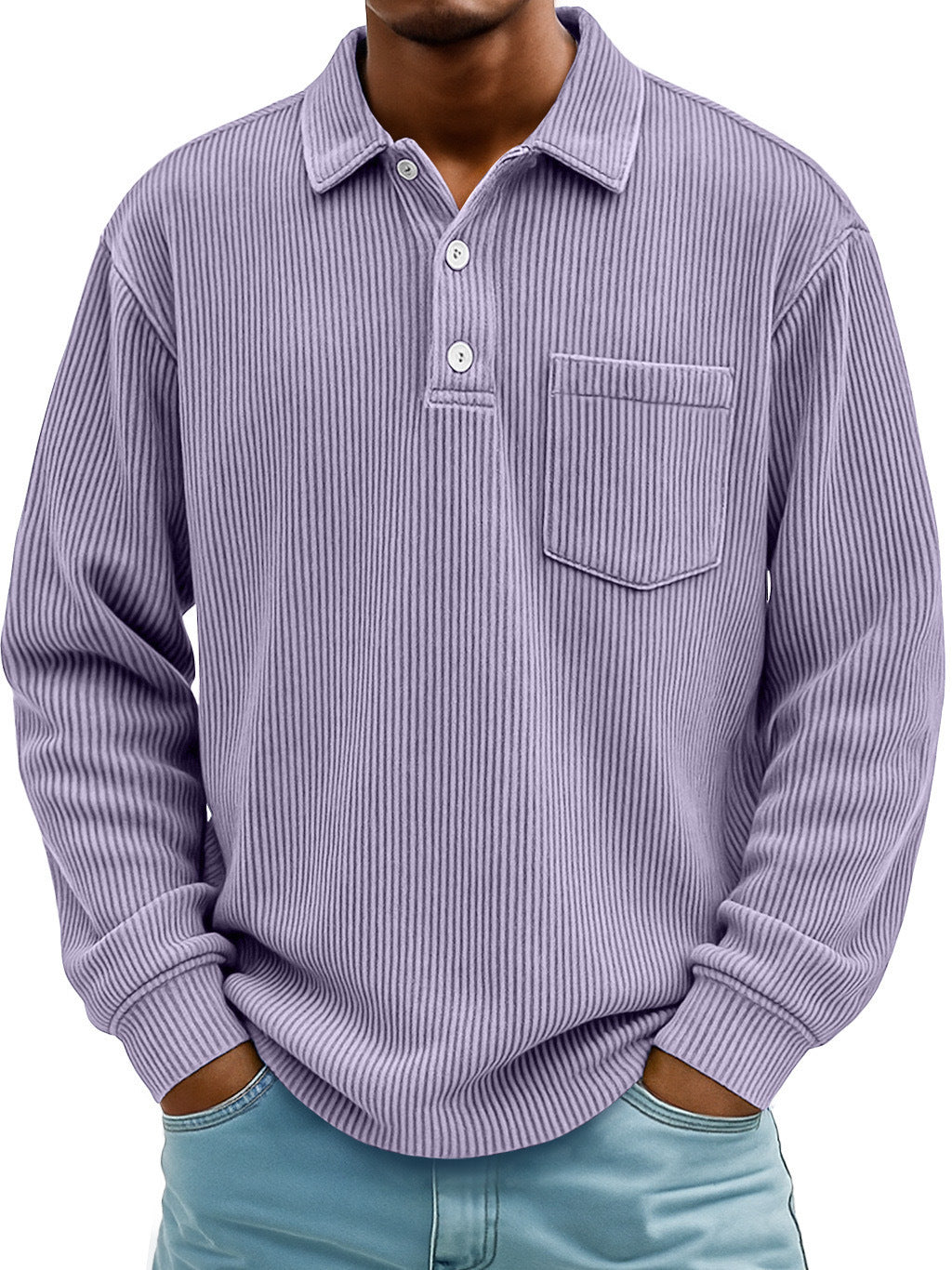 Men's Corduroy Striped Long Sleeve Polo Shirt