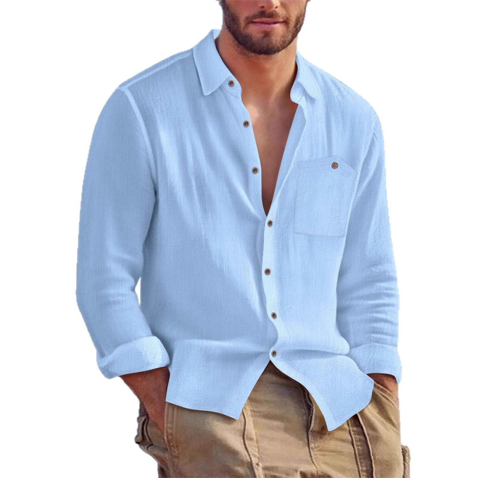 Men’s Linen Loose Fit Solid Color Lapel Shirt