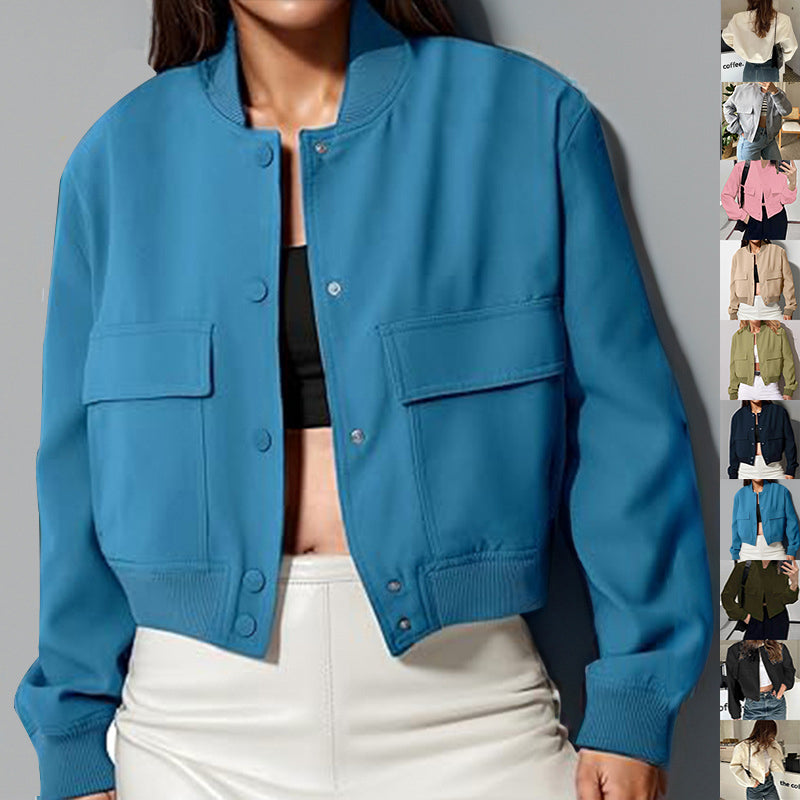 Women’s Casual Stand Collar Button Jacket with Large Pockets