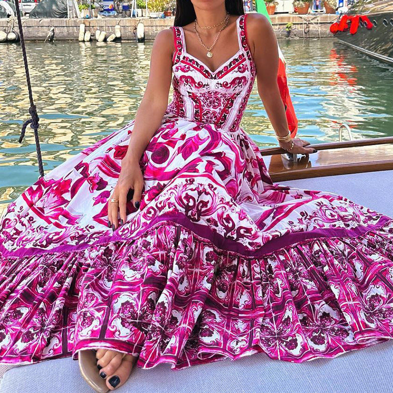 Women’s Printed Sleeveless Spaghetti Waist Dress Large Hem Fashion