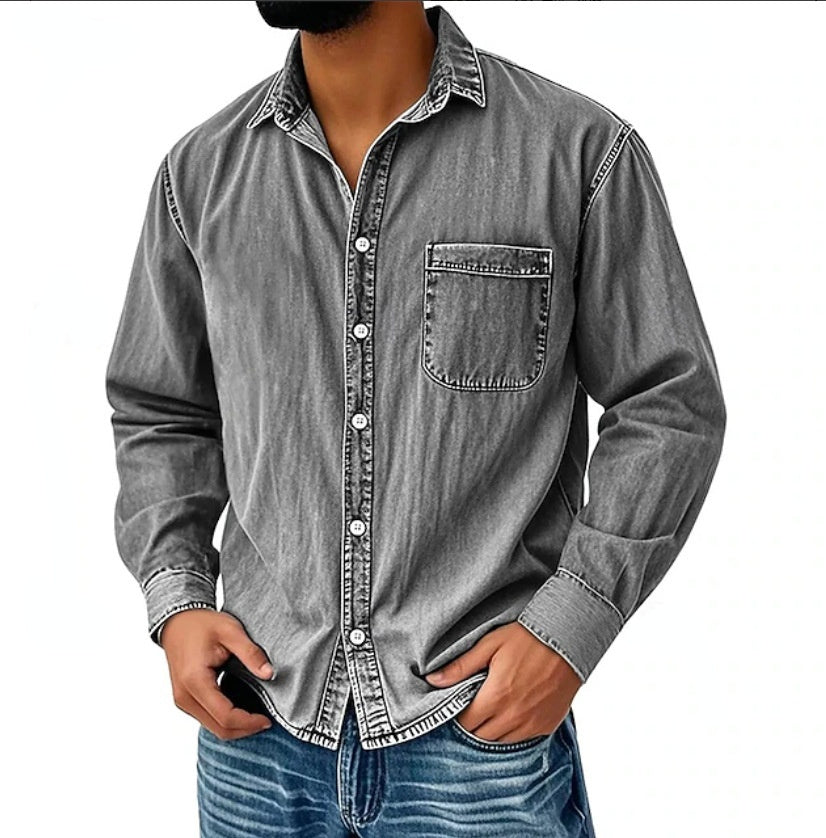 Men’s Washed Denim Long Sleeve Casual Shirt