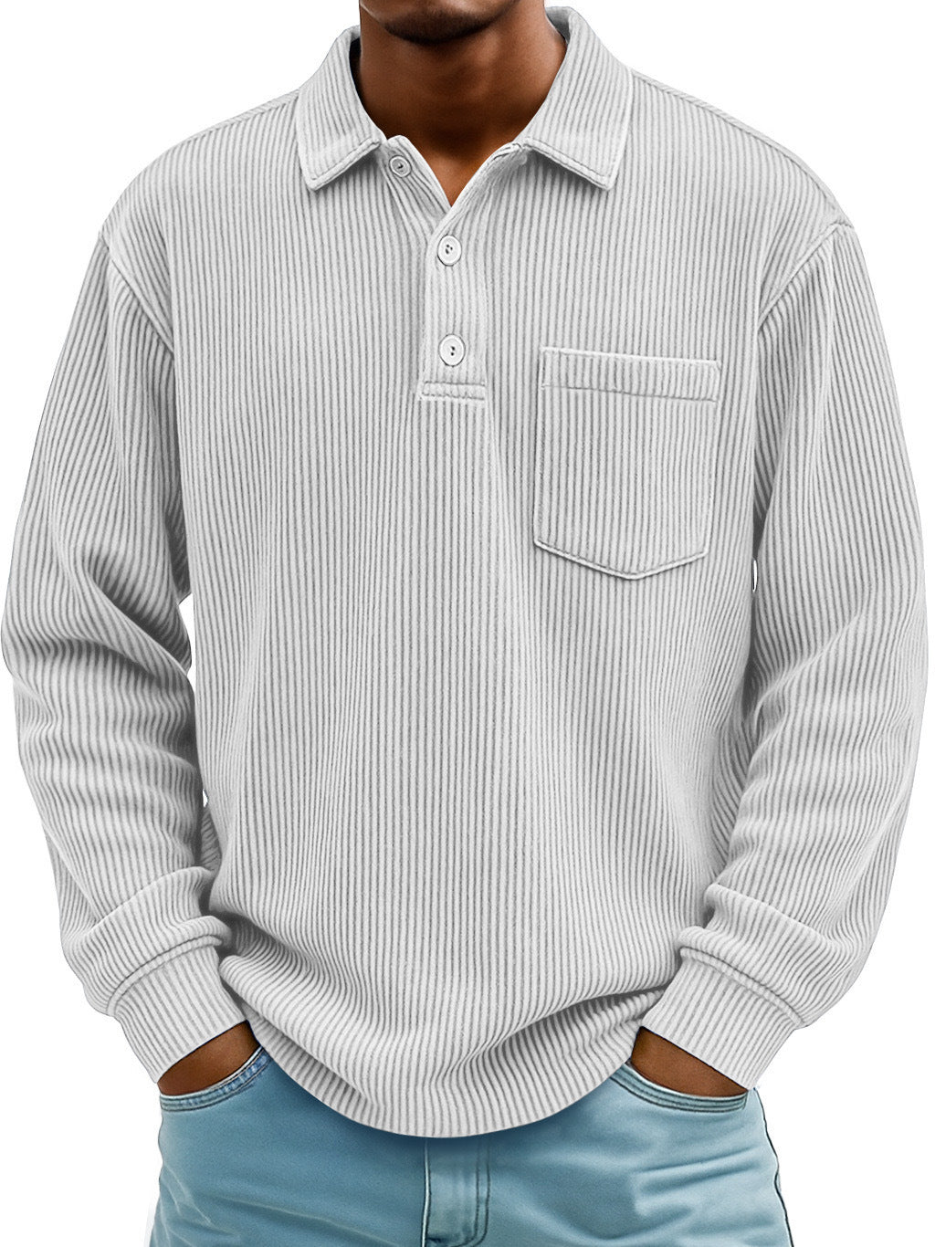 Men's Corduroy Striped Long Sleeve Polo Shirt