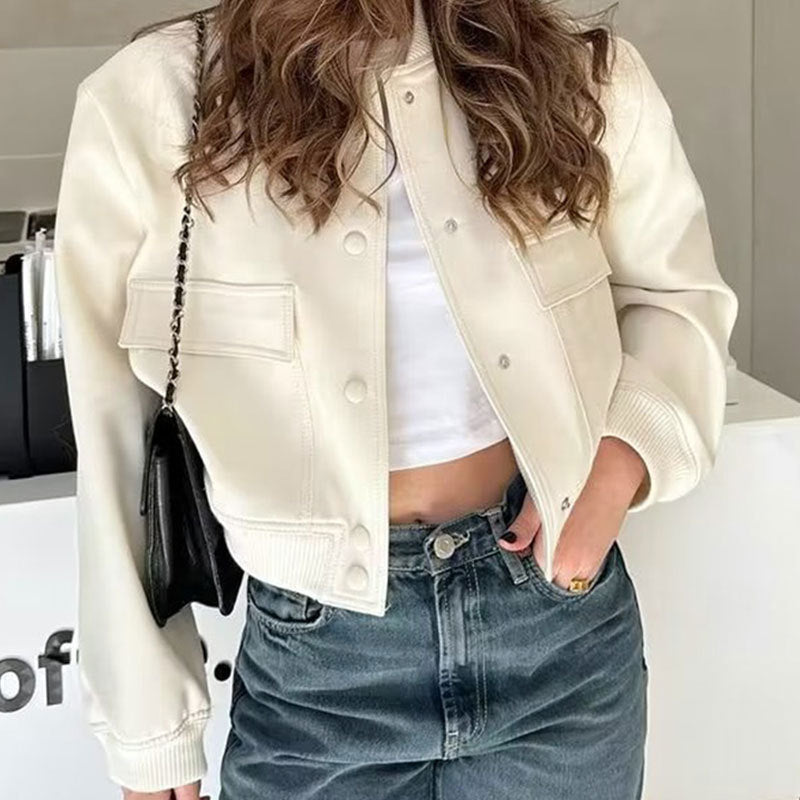 Women’s Casual Stand Collar Button Jacket with Large Pockets