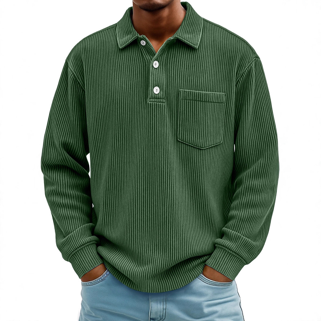 Men's Corduroy Striped Long Sleeve Polo Shirt