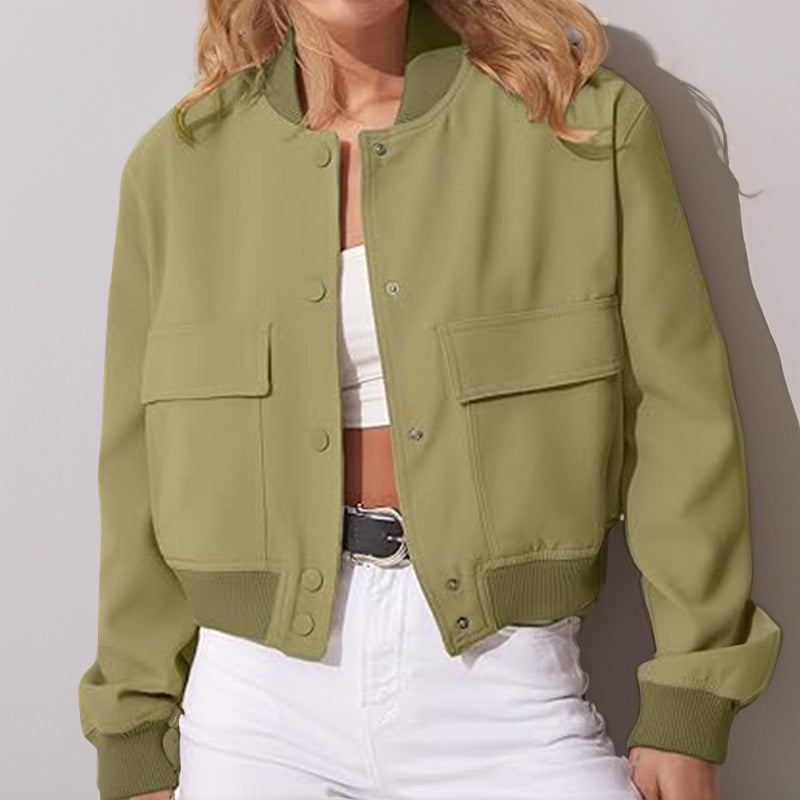 Women’s Casual Stand Collar Button Jacket with Large Pockets