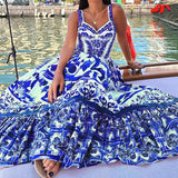Women’s Printed Sleeveless Spaghetti Waist Dress Large Hem Fashion