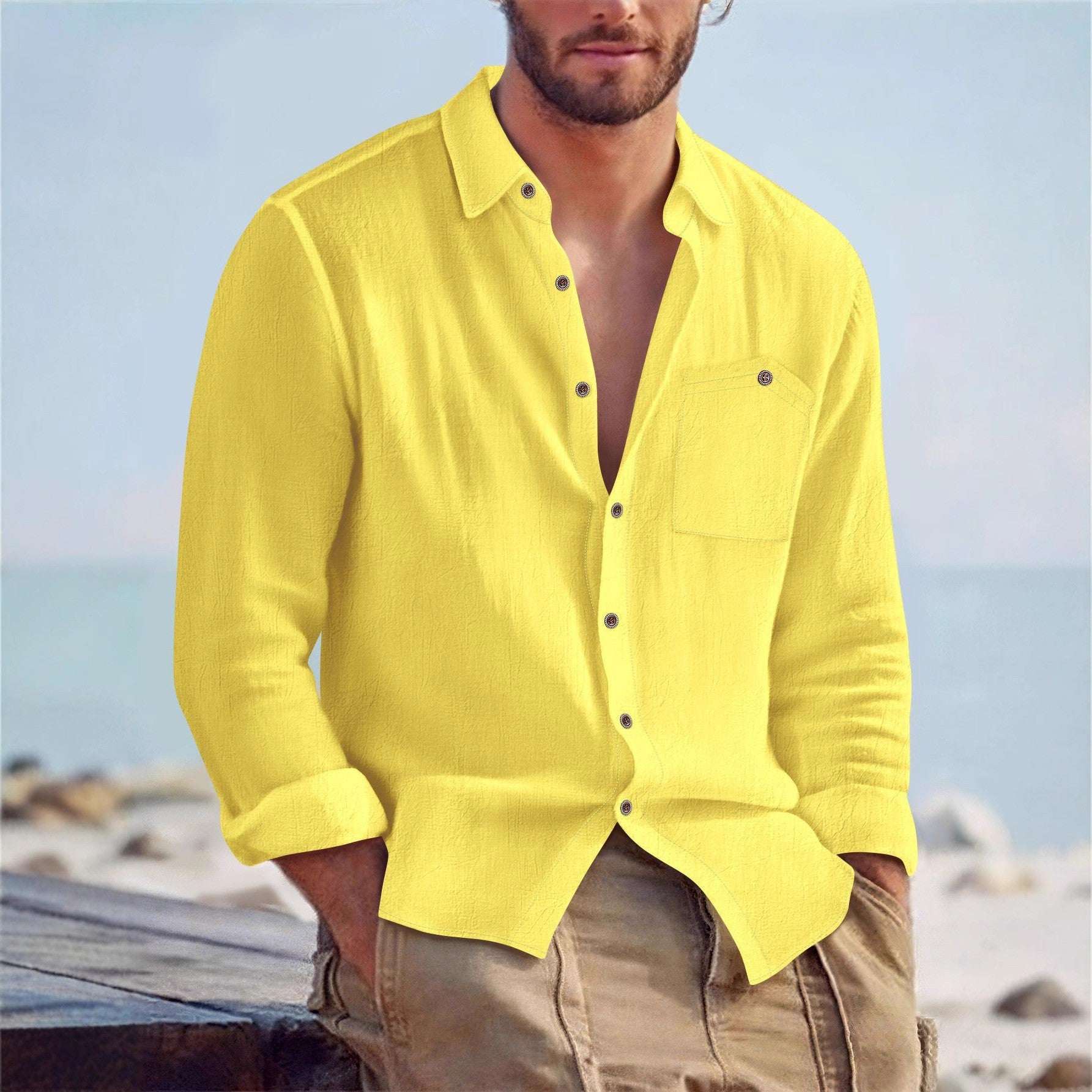 Men’s Linen Loose Fit Solid Color Lapel Shirt