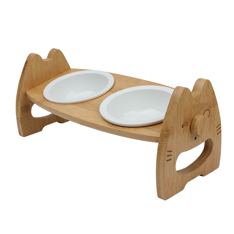 Ceramic Double Pet Bowl with Wooden Stand Adjustable Height for Dogs & Cats