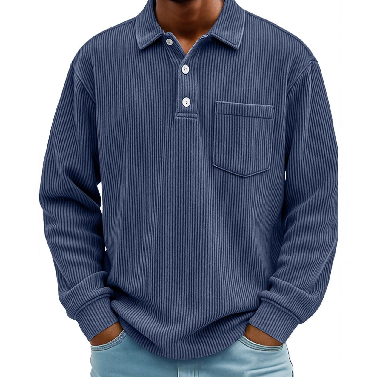 Men's Corduroy Striped Long Sleeve Polo Shirt