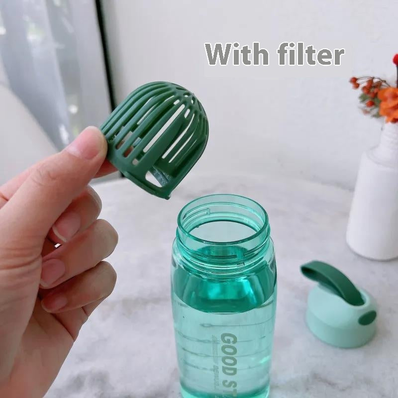 Portable Sports Water Bottle with Filter, Fall-Proof Strap & Measurement Scale