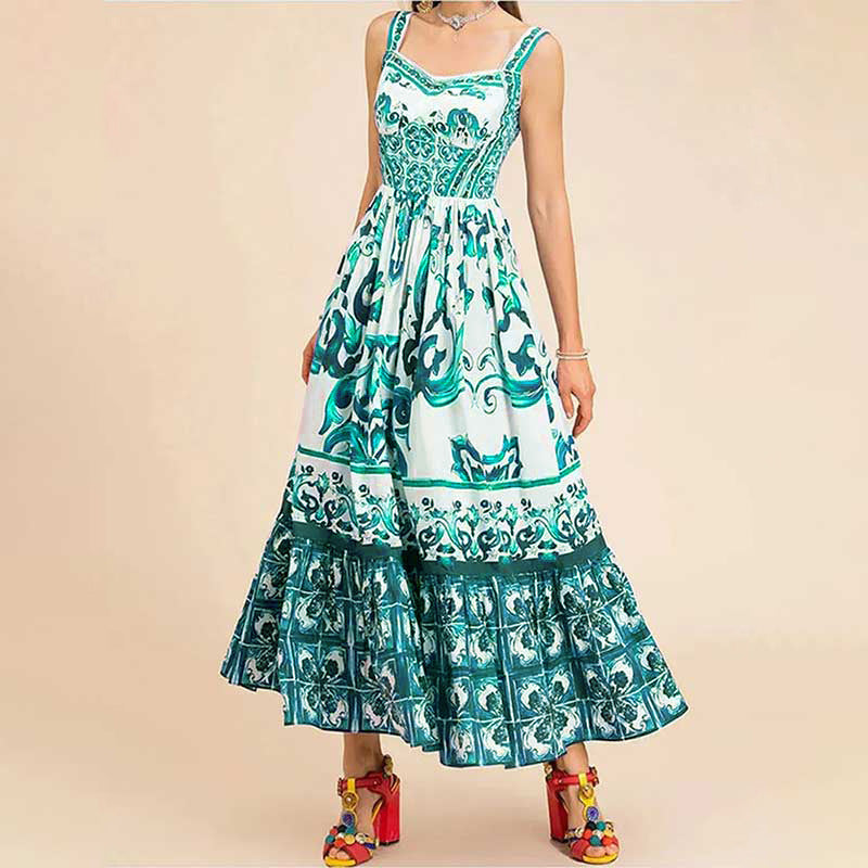 Women’s Printed Sleeveless Spaghetti Waist Dress Large Hem Fashion