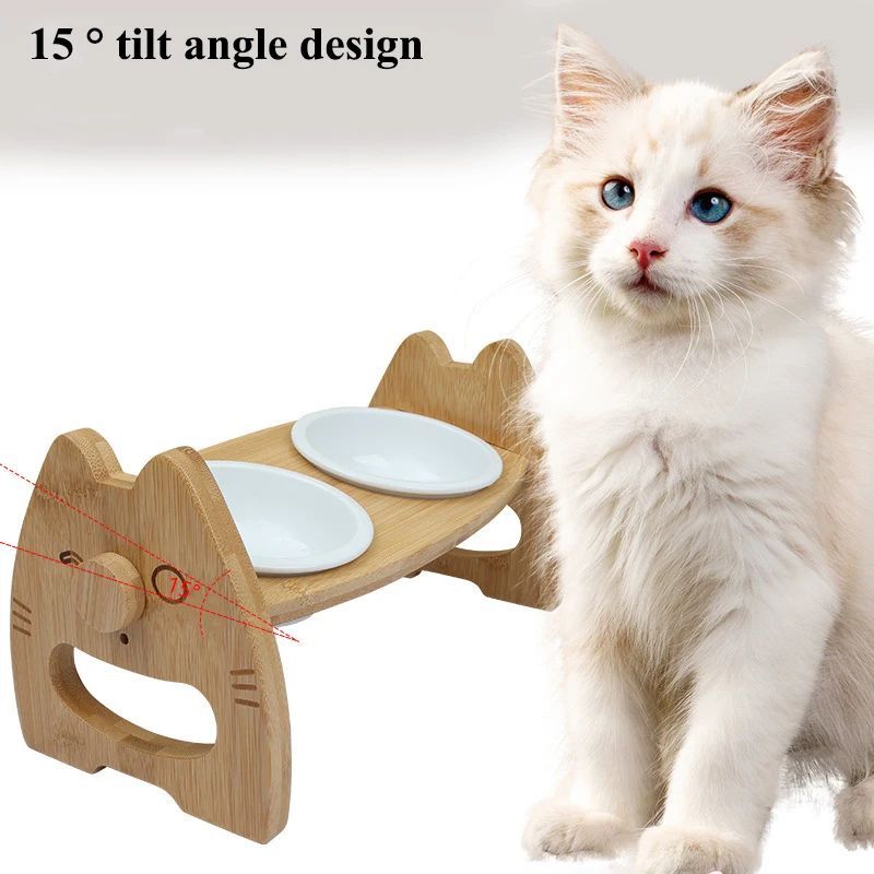 Ceramic Double Pet Bowl with Wooden Stand Adjustable Height for Dogs & Cats