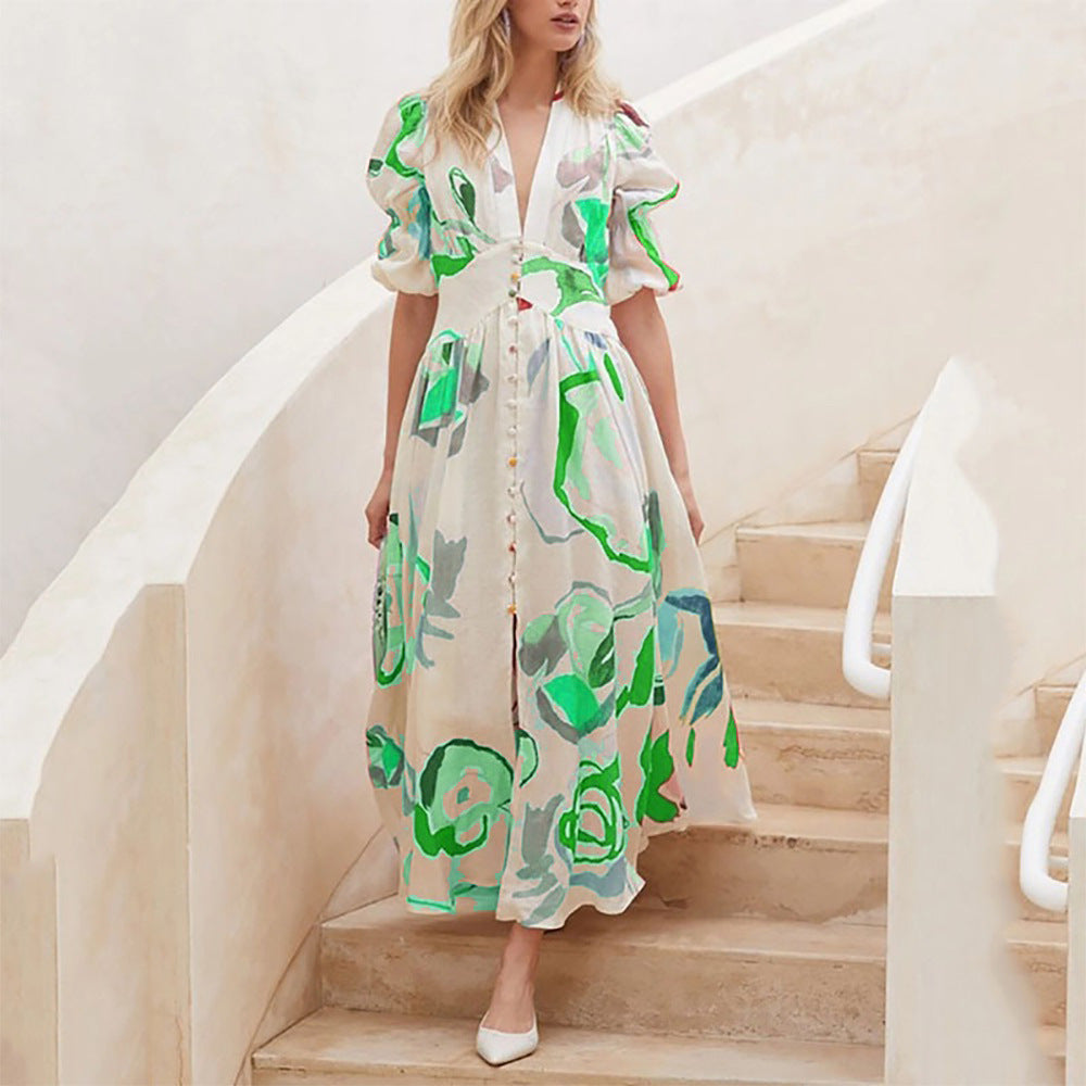 Women’s Summer V Neck Button Front Printed Short Sleeve Dress