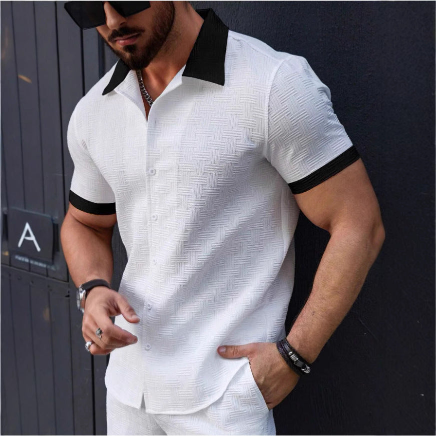 Men's Jacquard Color lock Short Sleeve Casual Shirt