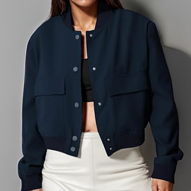 Women’s Casual Stand Collar Button Jacket with Large Pockets