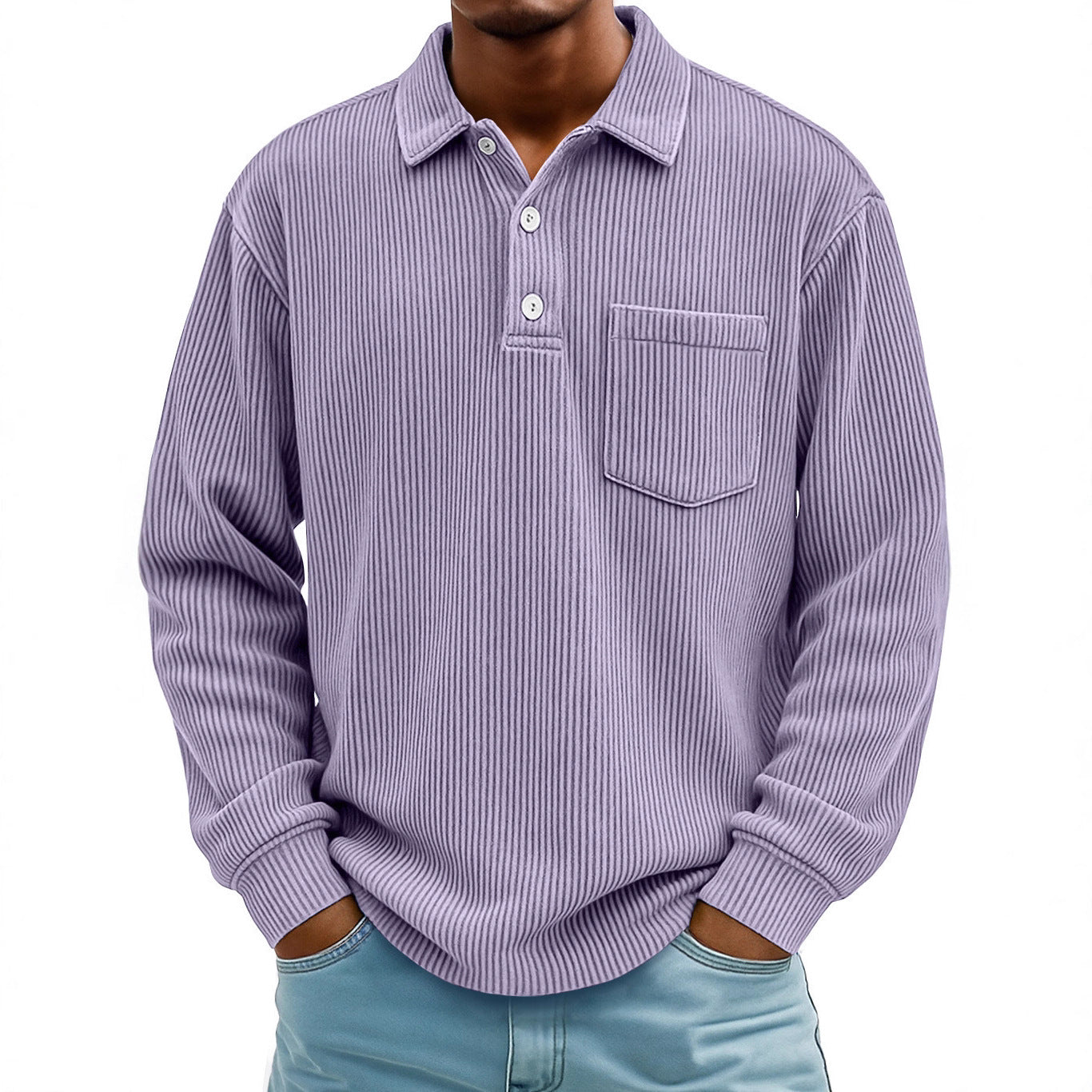 Men's Corduroy Striped Long Sleeve Polo Shirt