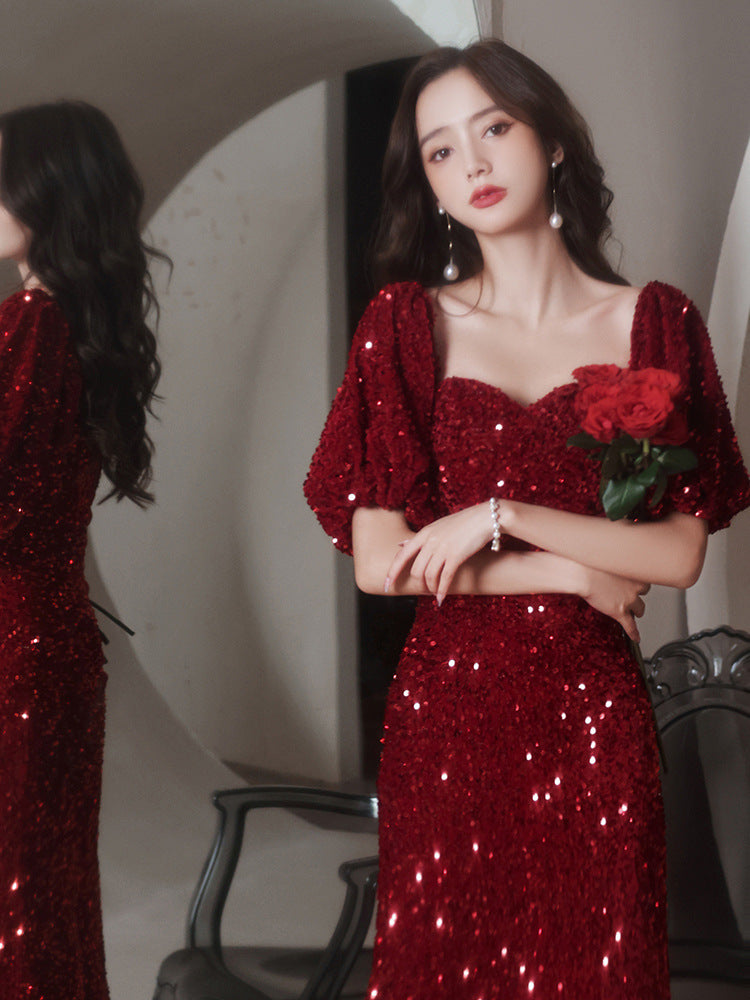 Women’s Red Fishtail Bridal Dress Elegant Toast Style