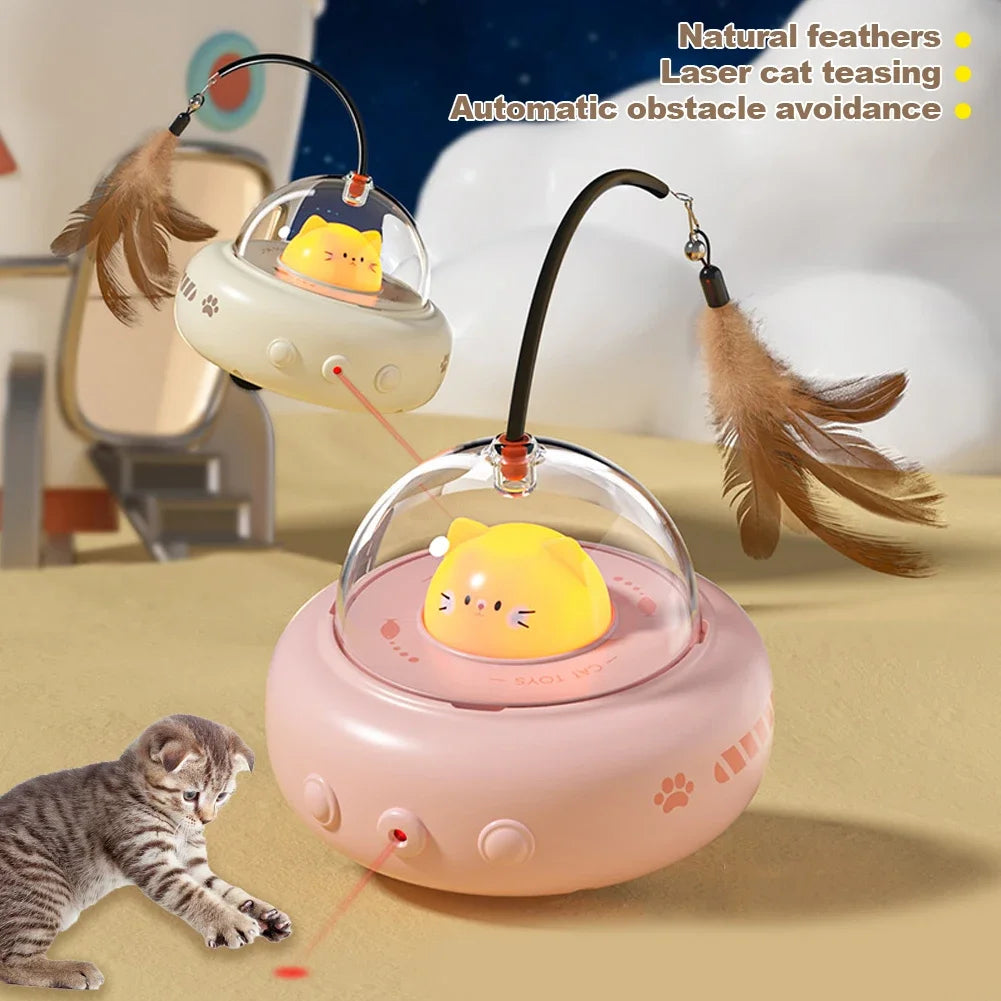 Smart Electric UFO Cat Teaser Toy with Bell & Replaceable Feather